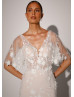 Ivory 3D Lace Tulle Floral Wedding Dress With Detachable Sleeves